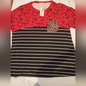 Red and Black Striped Shirt with Leopard Accent